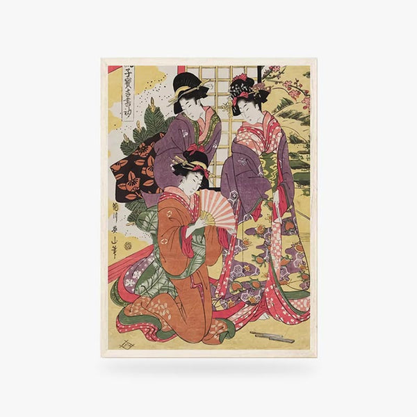 Ce tableau traditionnel japonais est un affiche japonaise avec trois femmes geisha habillées en Kimono. Elles ont une coiffure traditionnelle qui est maintenu par des bijoux Kanzashi. Cette illustration s'inspire de l'art des estampes Ukiyo-e
