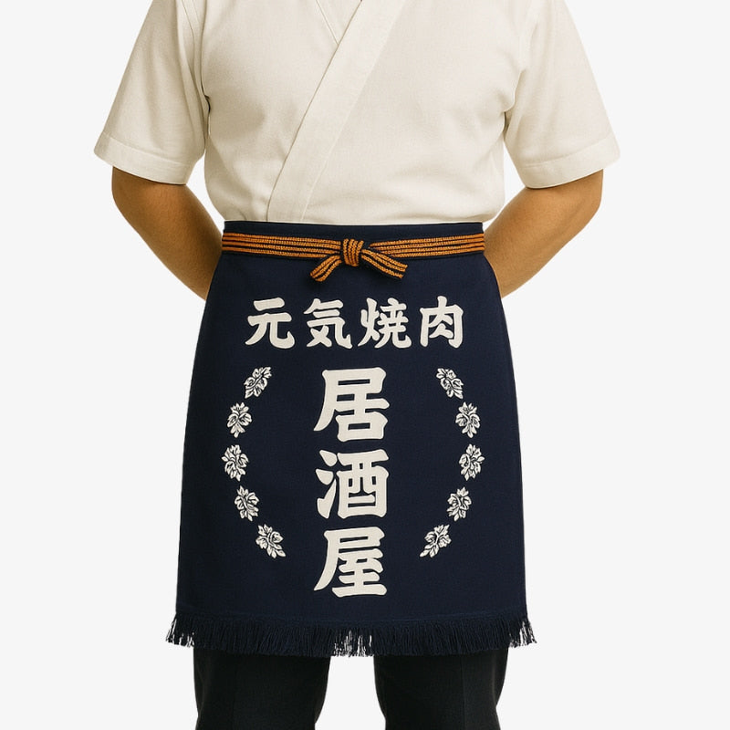 Tablier de cuisine japonais traditionnel en coton épais, orné de kanji blanc