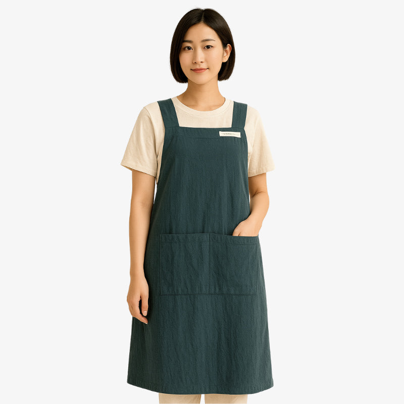 Tablier japonais croisé dans le dos en lin et coton, coupe confortable et esthétique traditionnelle