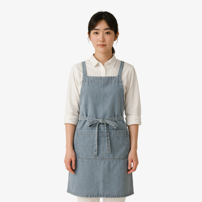 Tablier japonais denim bleu avec bretelles croisées et poche avant, en coton résistant, parfait pour un usage pratique et élégant en cuisine.