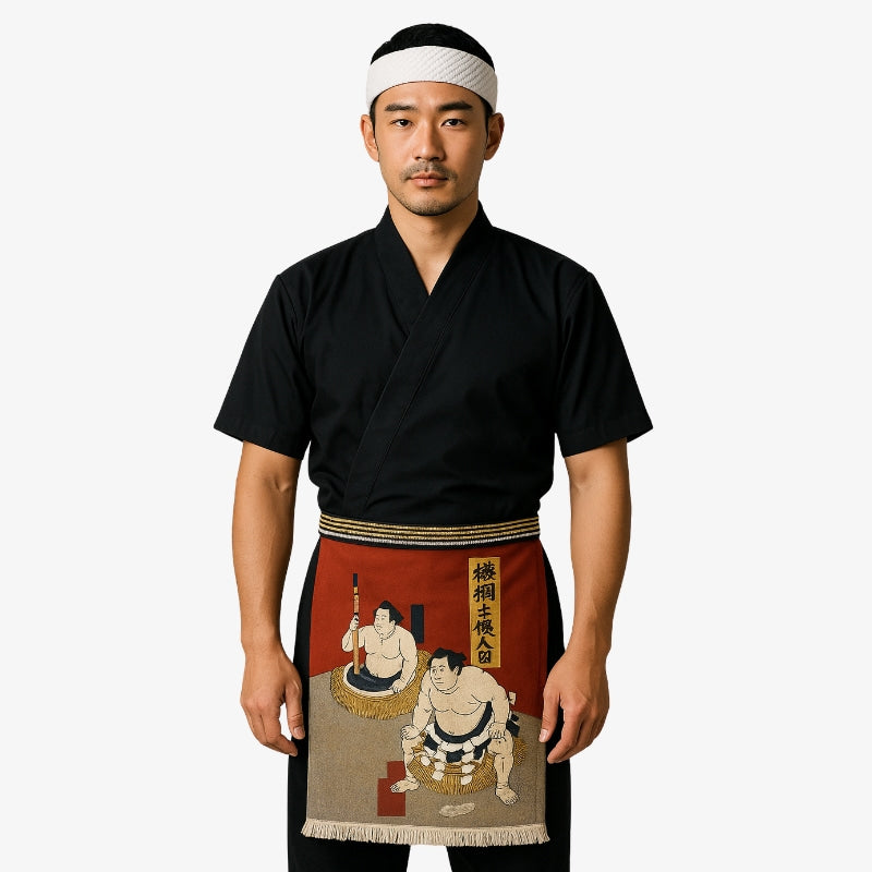 Maekake, tablier japonais en coton épais orné d'un motif sumo, accessoire traditionnel pour la cuisine japonaise