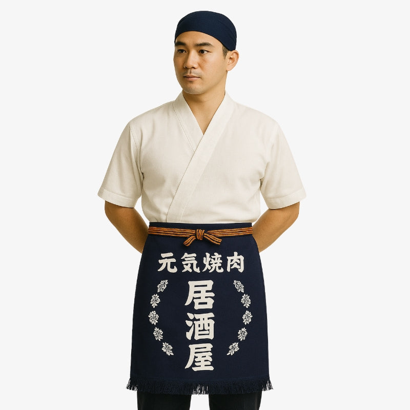 Tablier maekake japonais en coton bleu marine avec kanji blanc, inspiré des traditions culinaires japonaises
