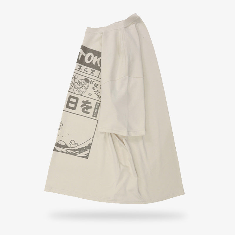 Le Tee shirt Tokyo est de couleur beige avec des imprimés sur le tissu coton du t-shirt japonais