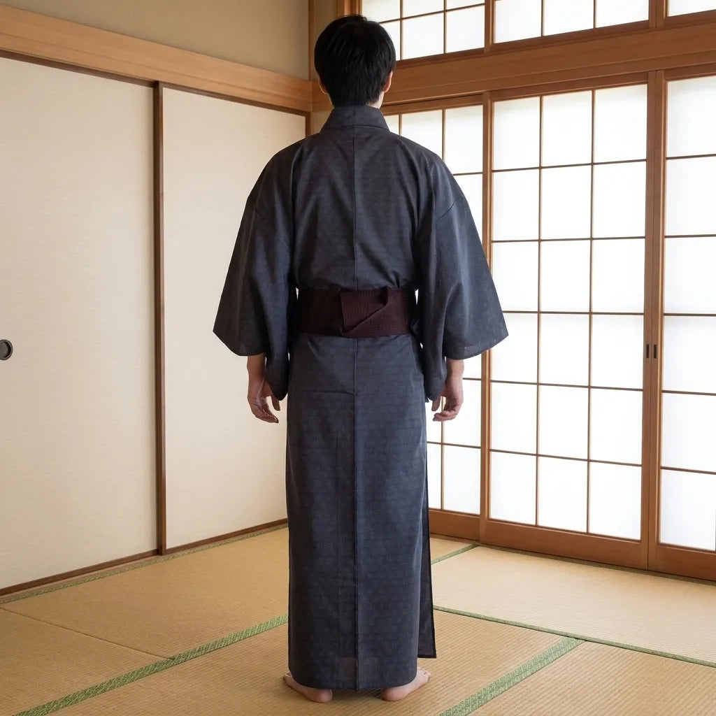 Détail du tissu et des manches du yukata gris