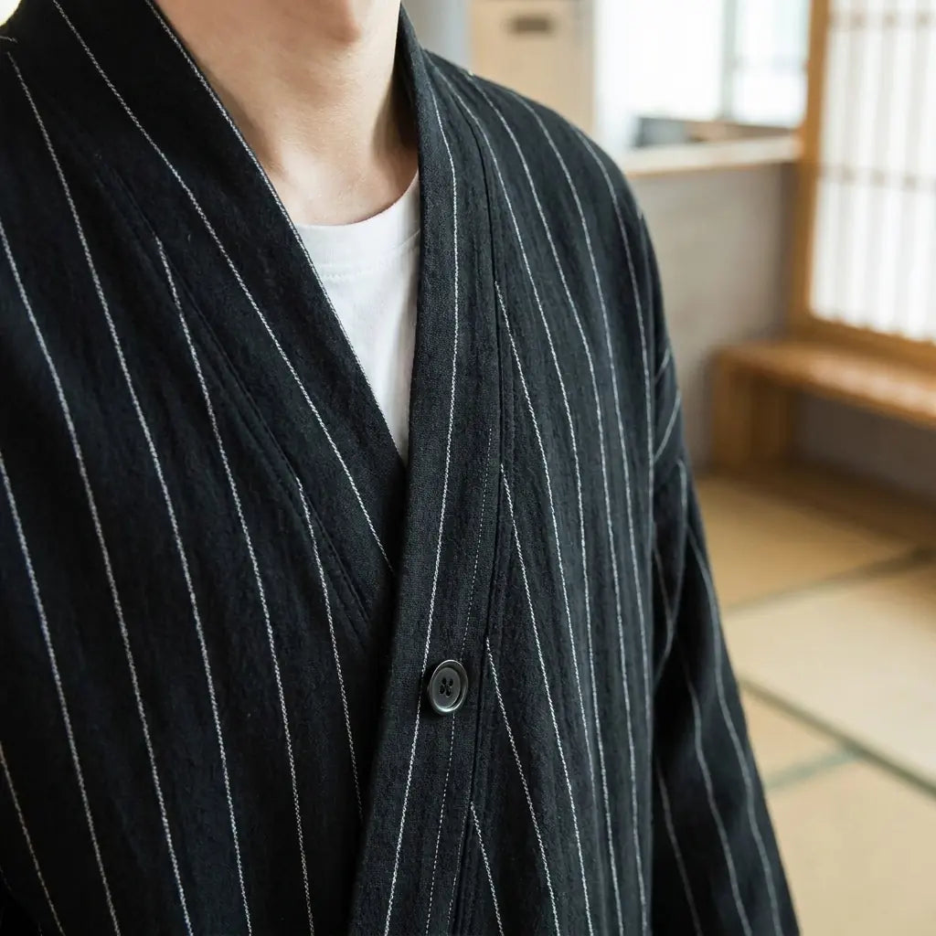 Gros plan sur le tissu imprimé et les manches d'un haori