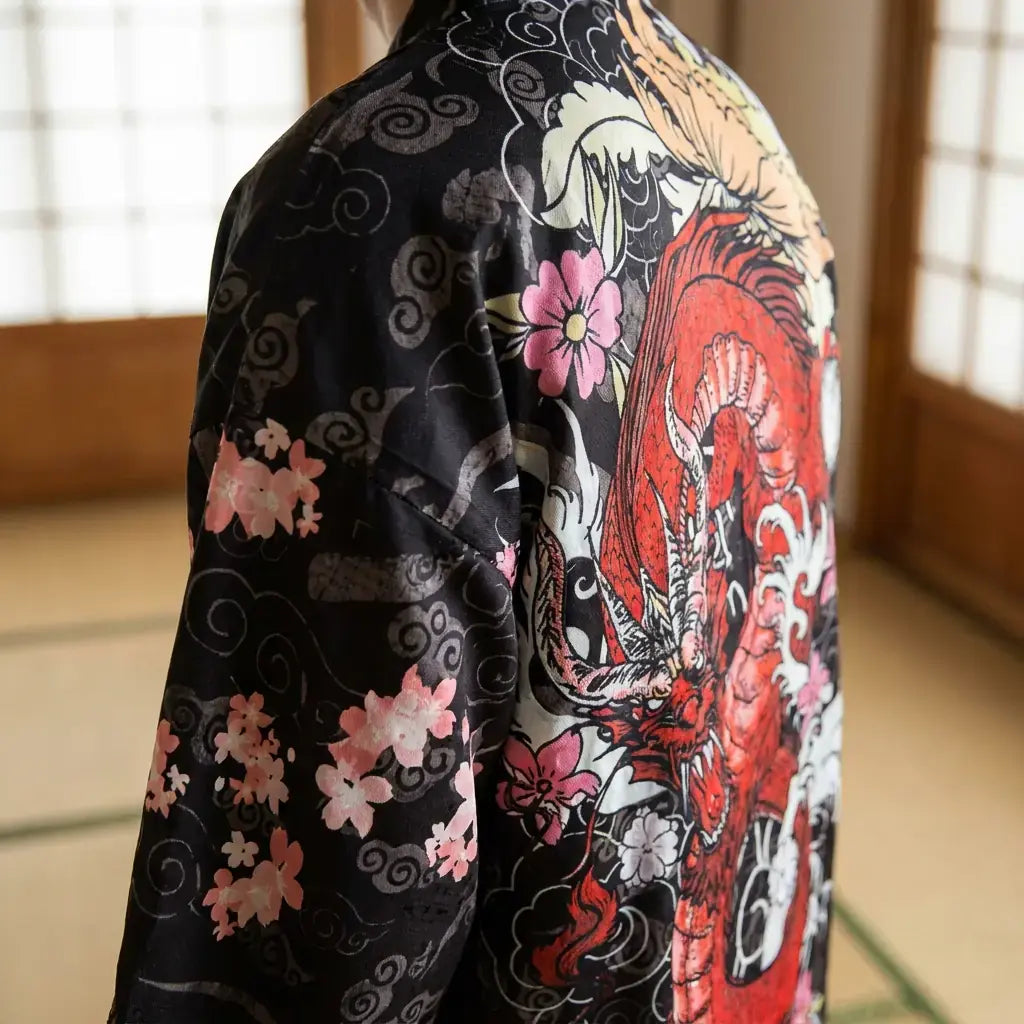 Gros plan sur le tissu et la manche du kimono dragon homme