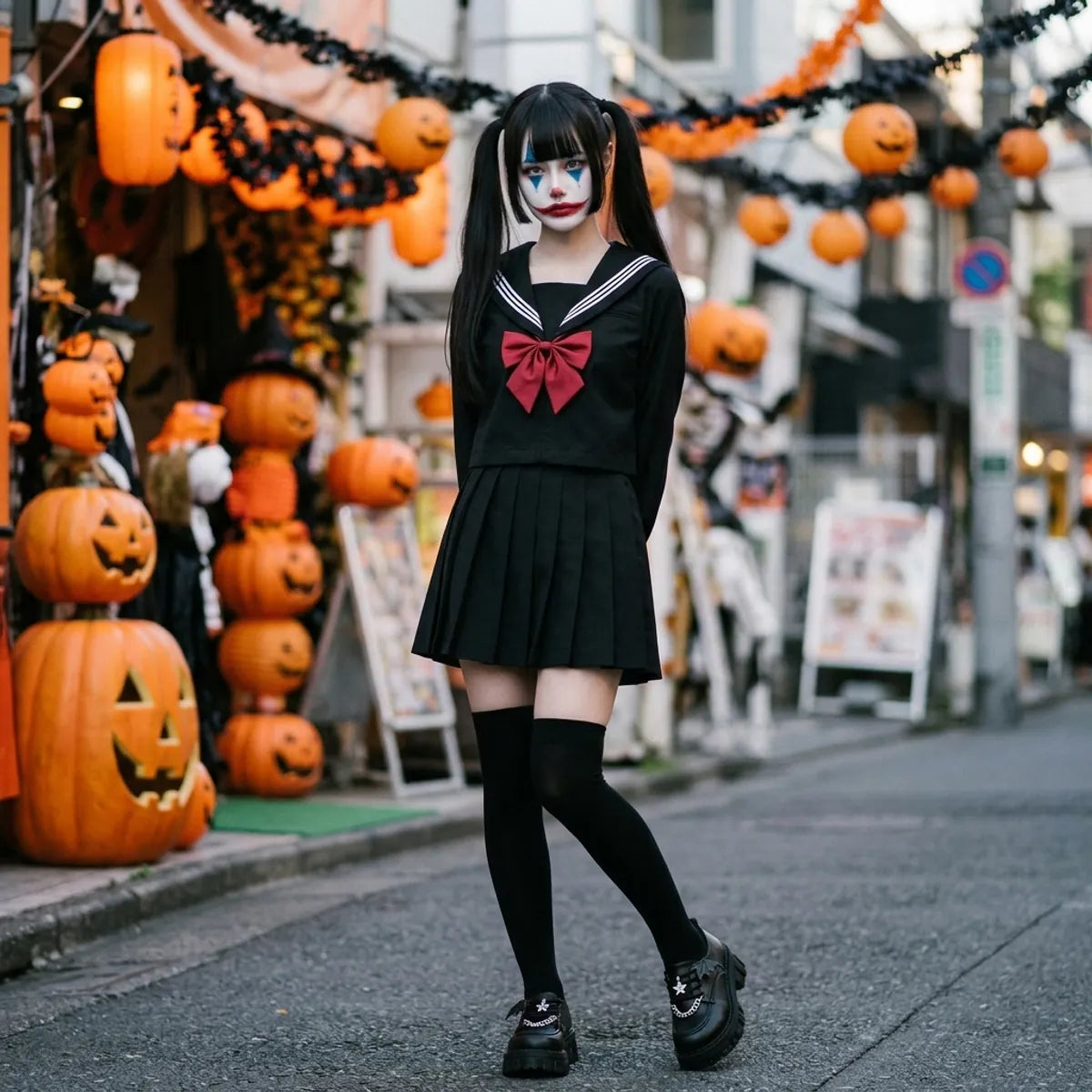 Uniforme sailor japonais porté pour Halloween à Harajuku avec un maquillage de clown façon Joker