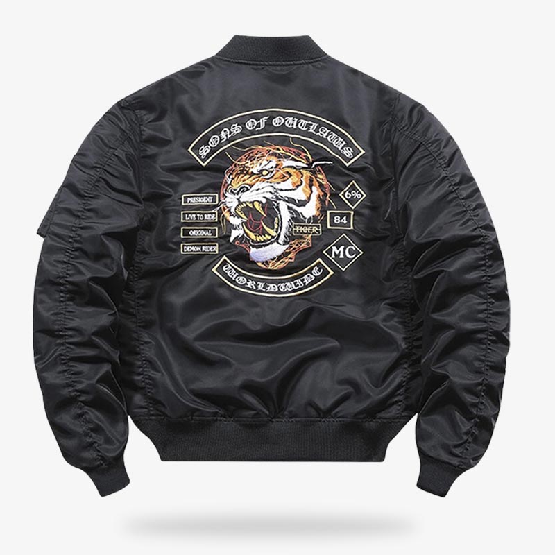 Veste bomber japonaise noire à manches longues avec motif tigre