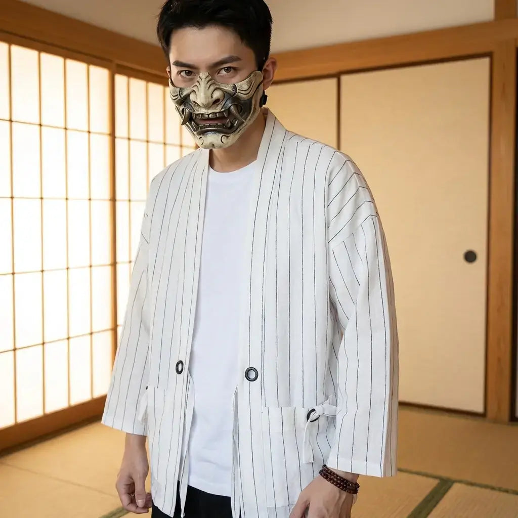 Veste Effet Kimono porté par un homme dans une pièce japonaise traditionnelle, vue de face