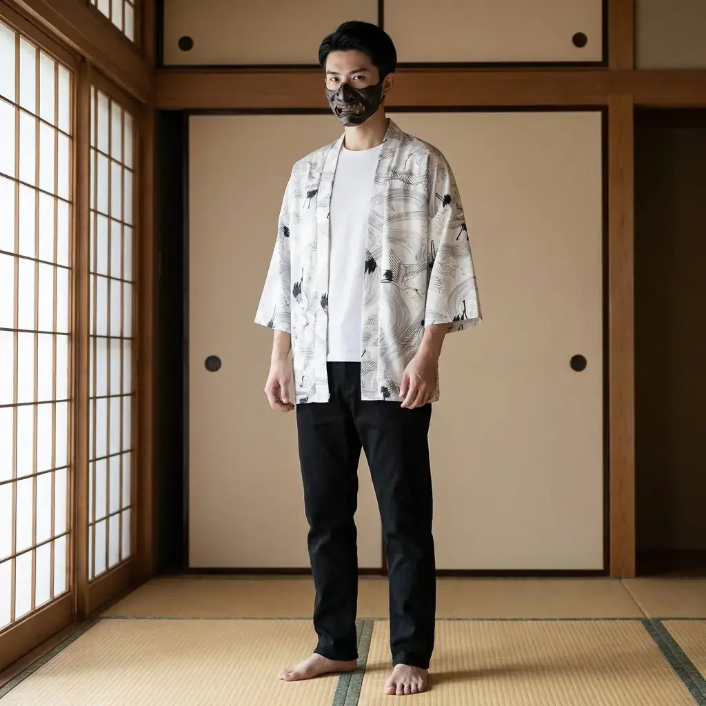 Veste Effet Kimono porté par un homme dans une pièce japonaise traditionnelle, vue de face