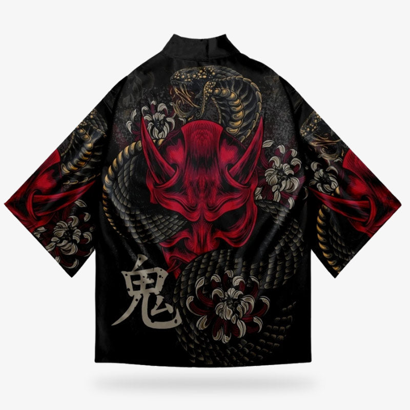Veste japonaise noire et rouge au motif de démon Oni et serpent, mêlant folklore et style contemporain