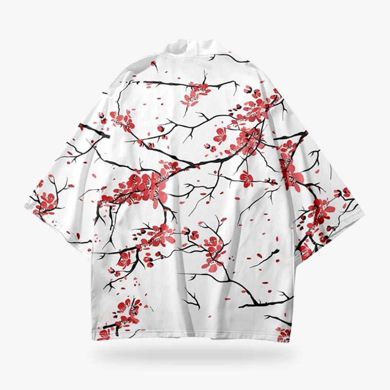 Veste kimono blanche fleurie imprimée de fleurs de sakura rouges, matière coton