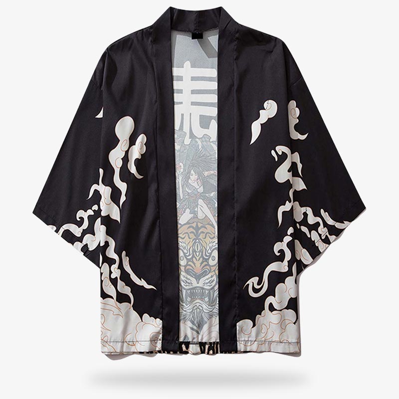Veste kimono femme tigre noir offrant un look unique alliant tradition et motifs vibrants