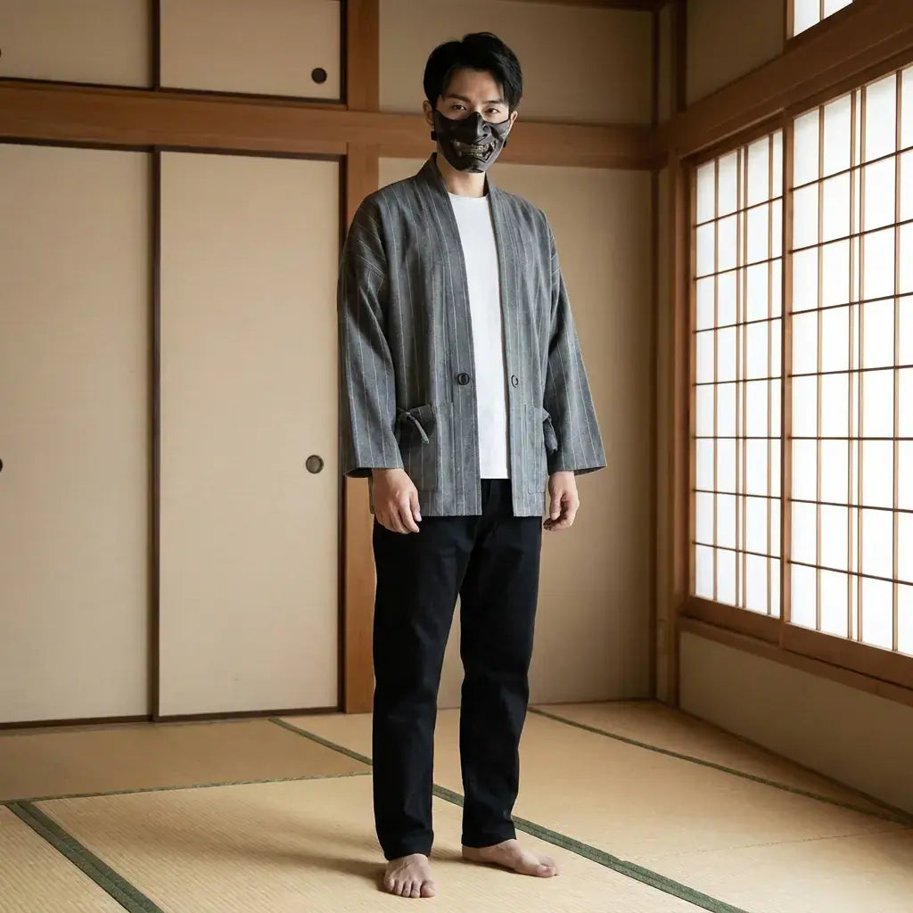 Haori Jacket Tsuru porté par un homme dans une pièce japonaise traditionnelle, vue de face
