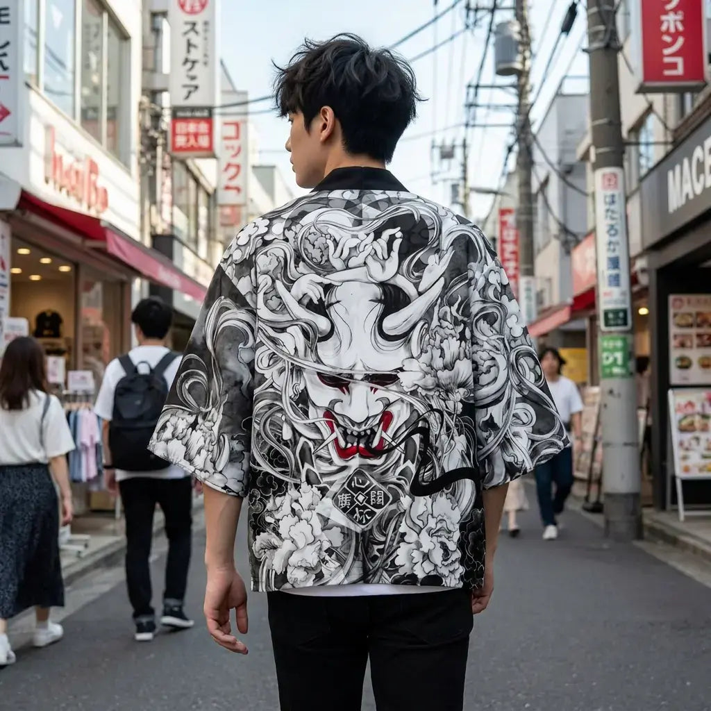 Veste Kimono Homme porté par un homme dans une pièce japonaise traditionnelle, vue de face