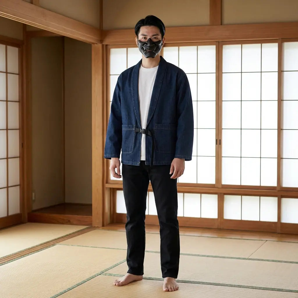 Homme portant un haori bleu traditionnel dans une pièce washitsu, vue de face