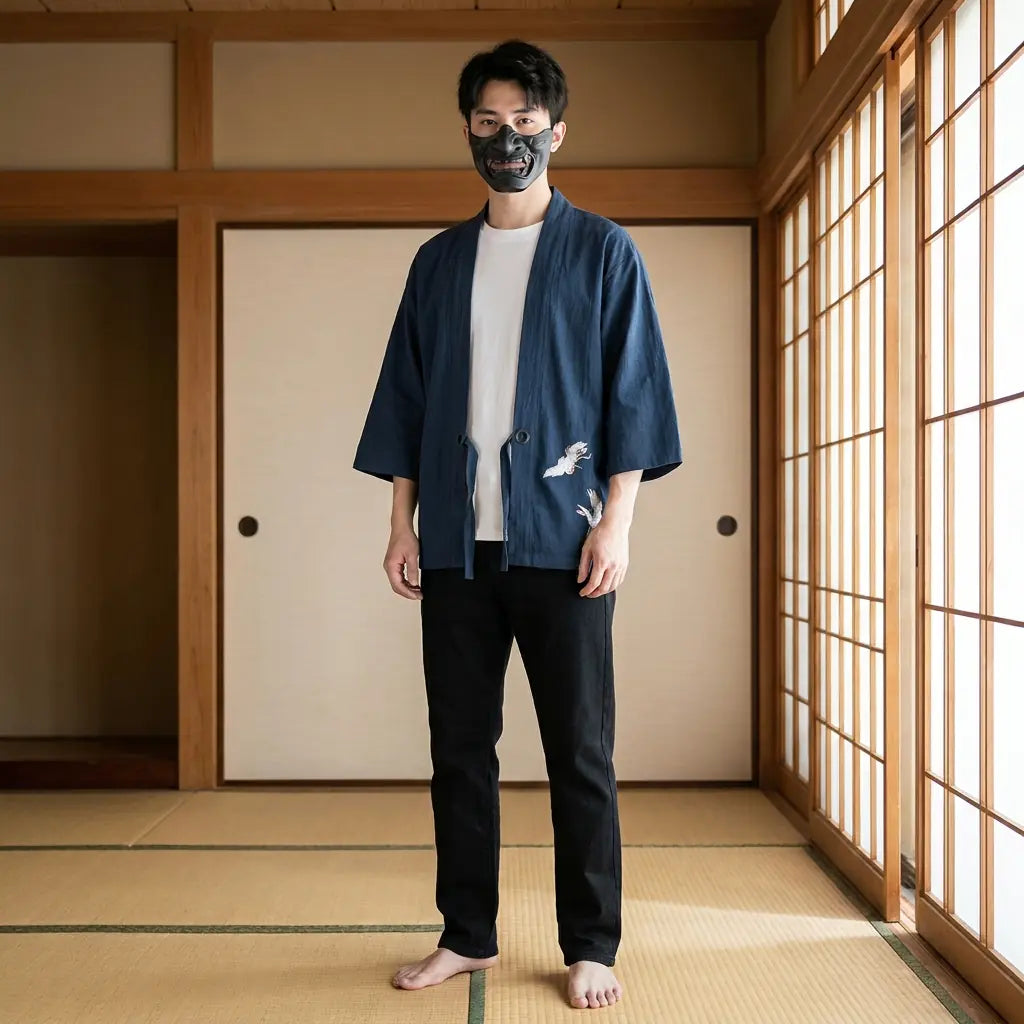 Homme portant une veste kimono homme dans une pièce japonaise washitsu traditionnelle, vue de face