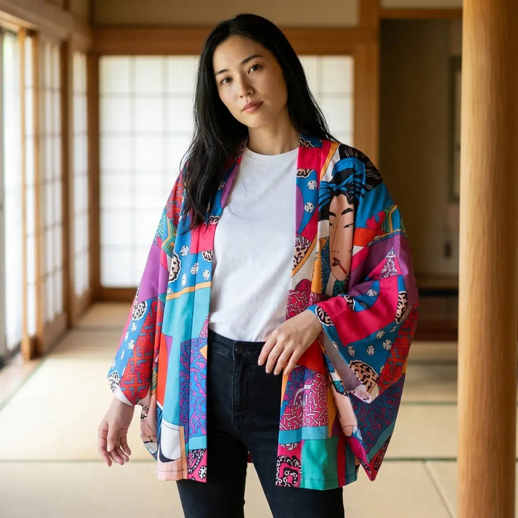Veste kimono multicolore vue de près dans une pièce avec tatamis, panneaux de couleurs vives