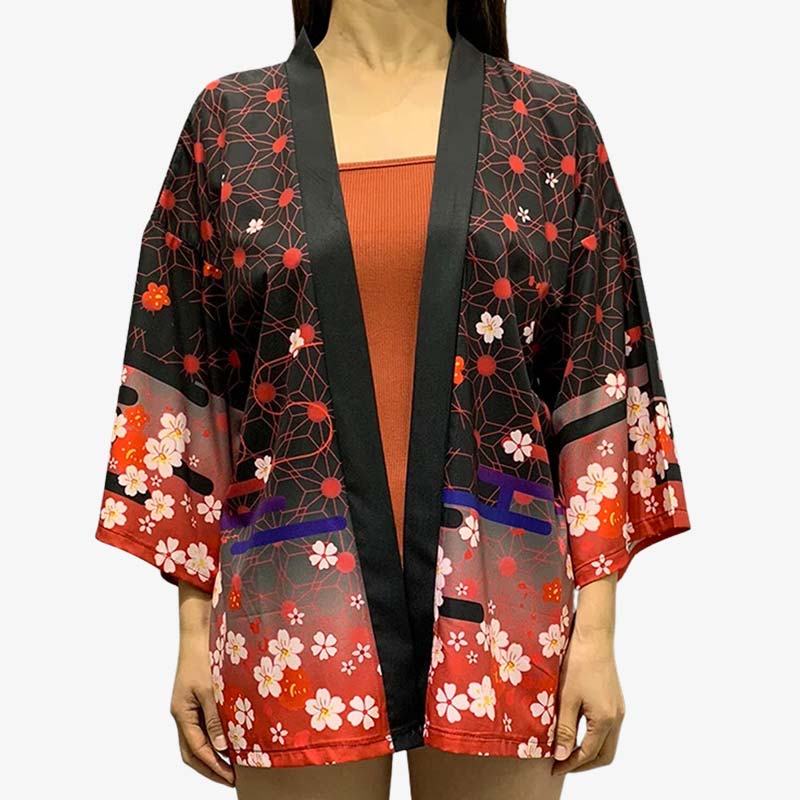 Veste kimono kitsune femme motif renard et sakura