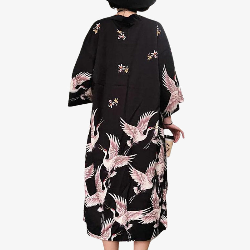 Veste kimono long femme motif grues japonaises