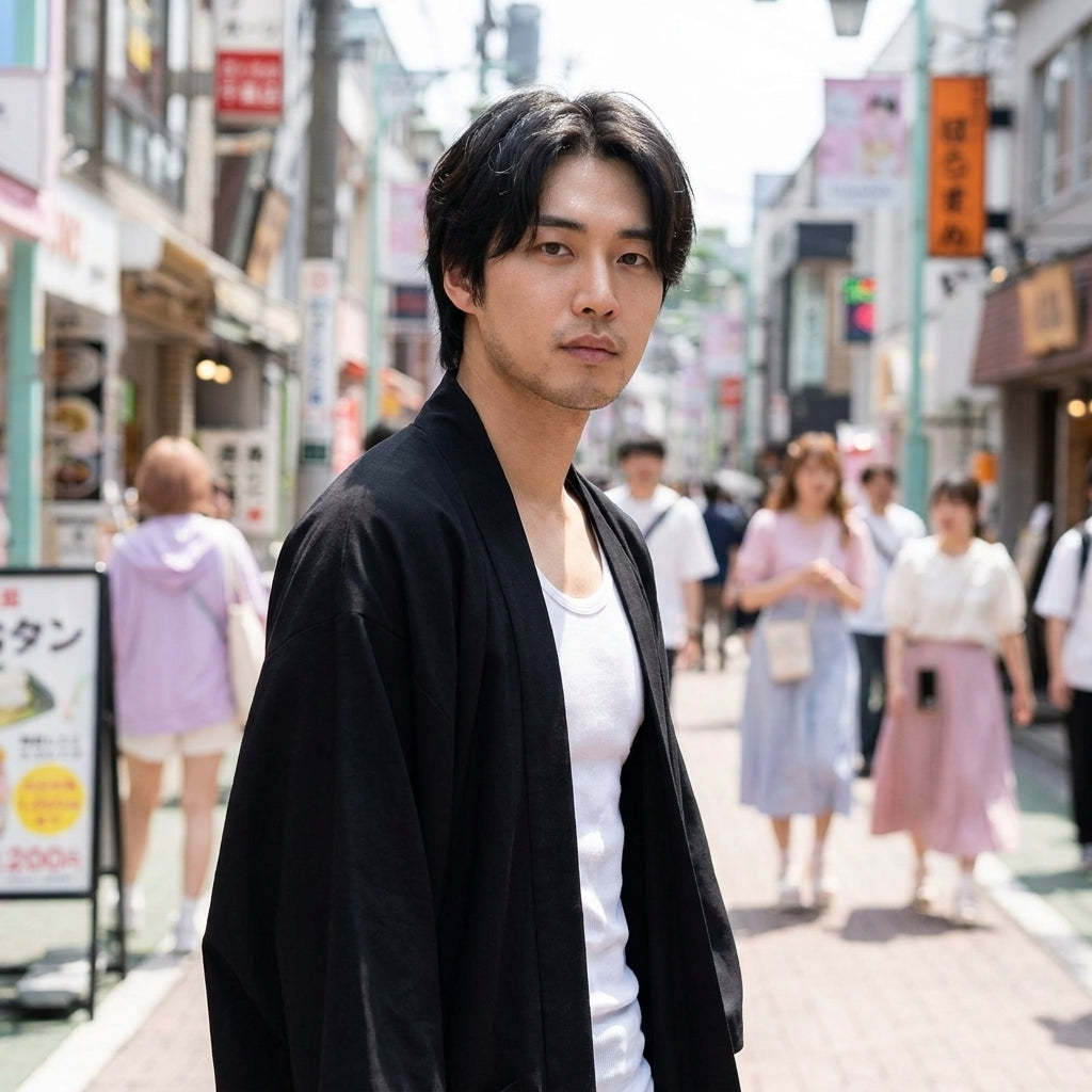 Veste kimono moderne homme portée avec pantalon cargo