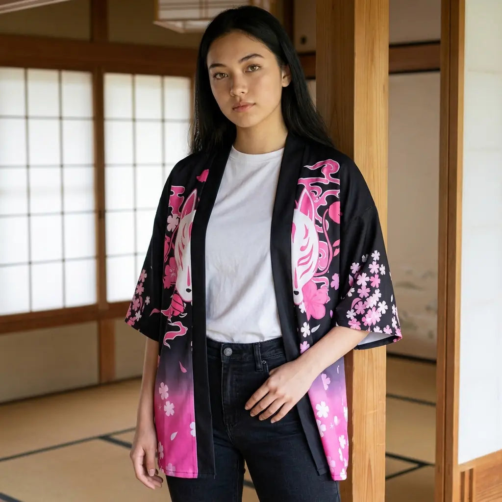 Veste kimono renard sakura vue de près, motif floral et masque de kitsune sur les pans