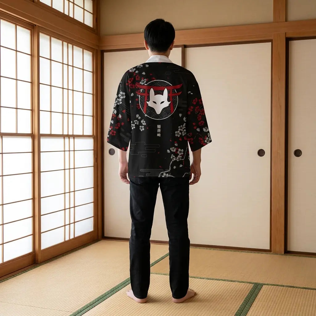Veste kimono renard vue de dos avec motif complet