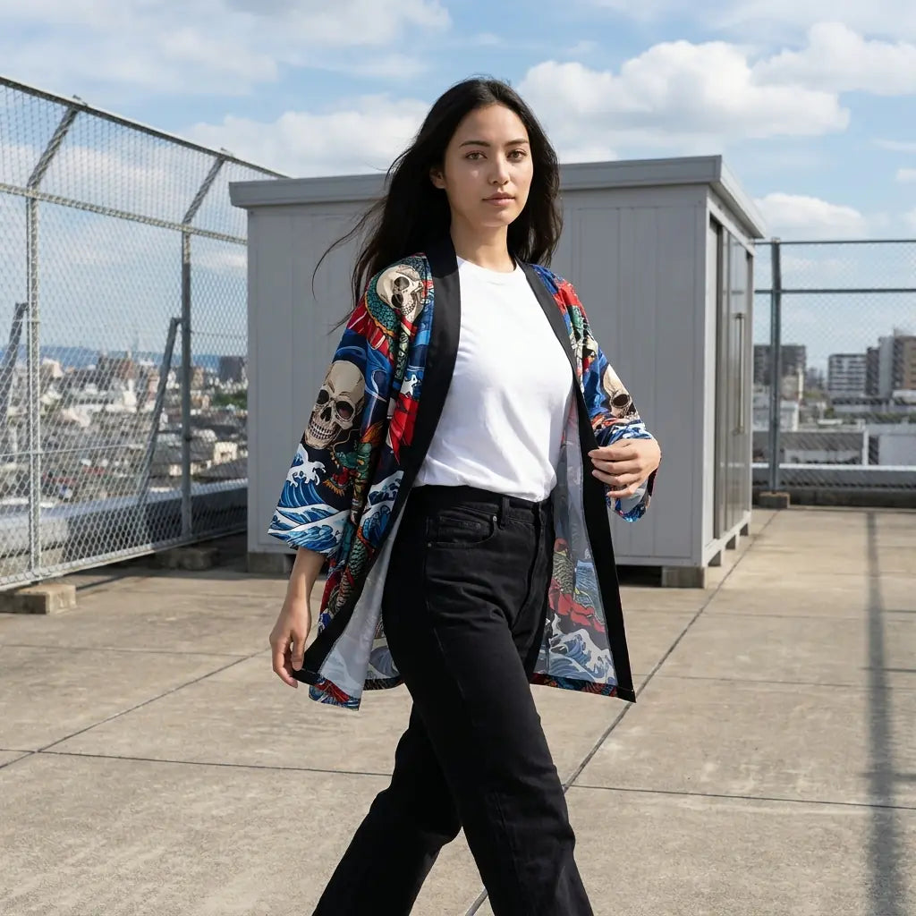 Veste kimono streetwear avec motif vague et crâne photographiée sur un toit urbain