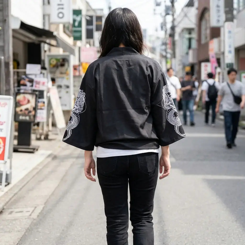 Kimono Haori Homme porté par une femme dans une pièce japonaise traditionnelle