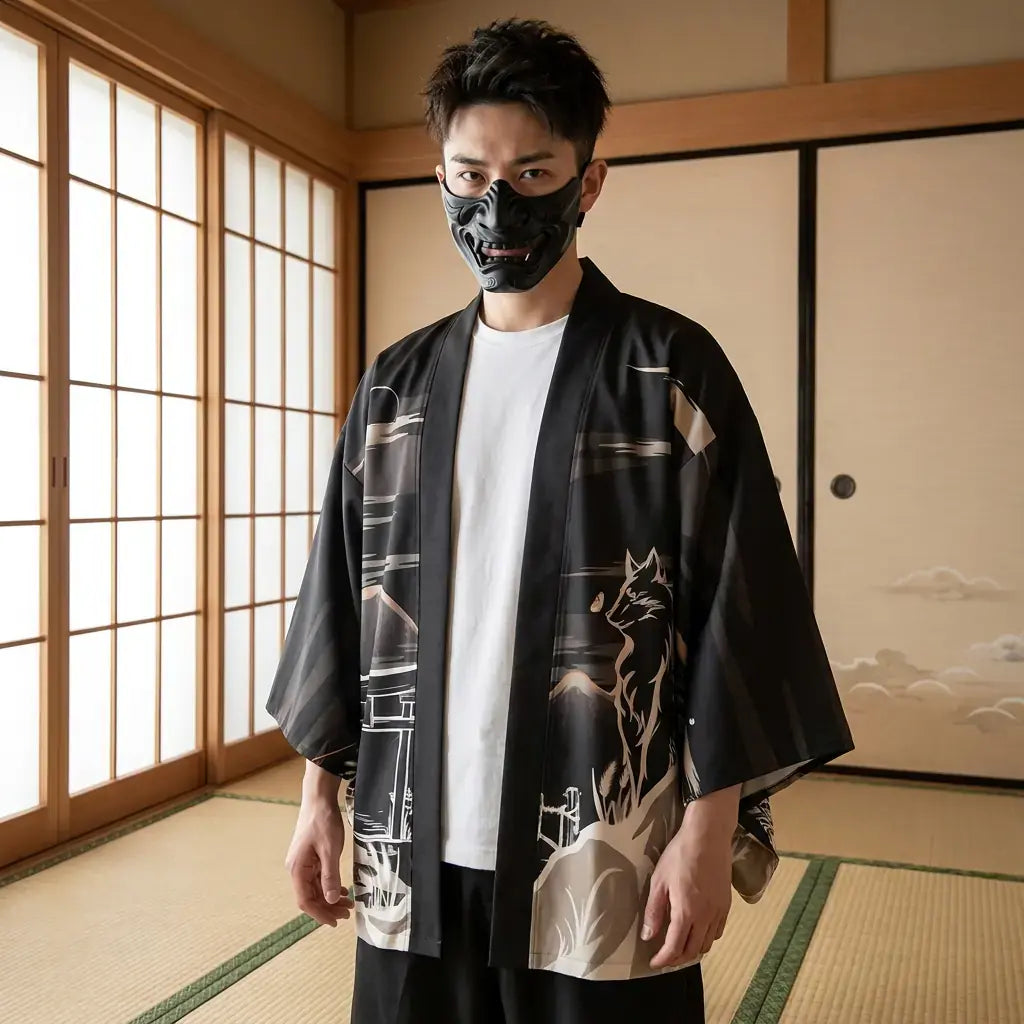 Veste Kitsune porté par un homme dans une pièce japonaise traditionnelle, vue de face