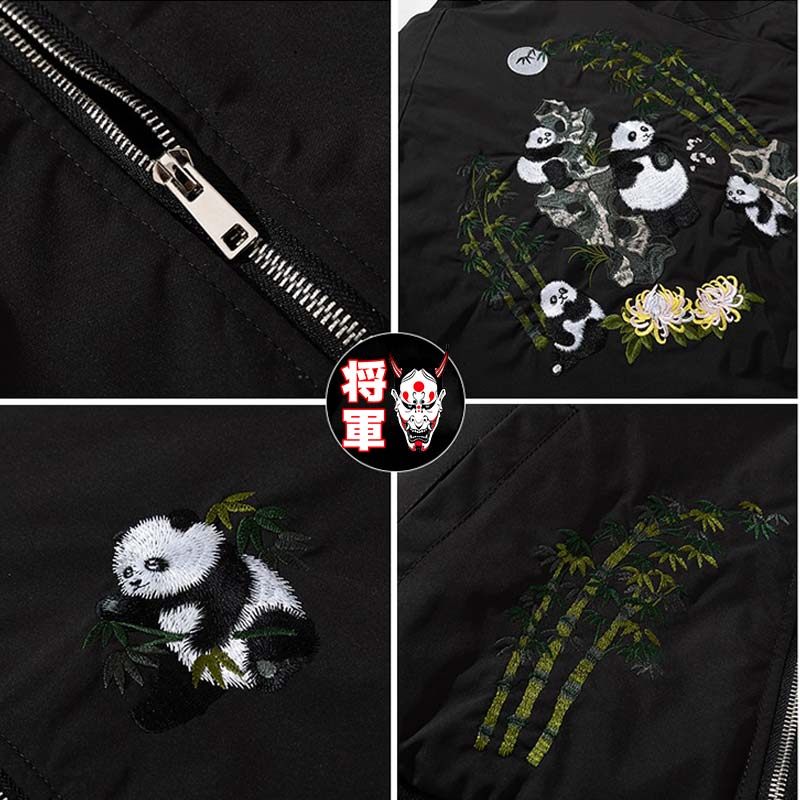 Cette veste panda est un bomber japonais sukajan brodé avec des motifs d'arbre bambou