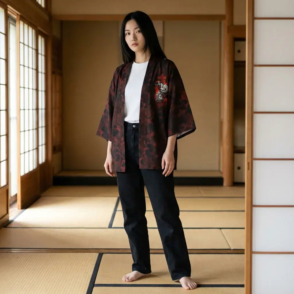 Veste Samourai porté par une femme dans une pièce japonaise traditionnelle