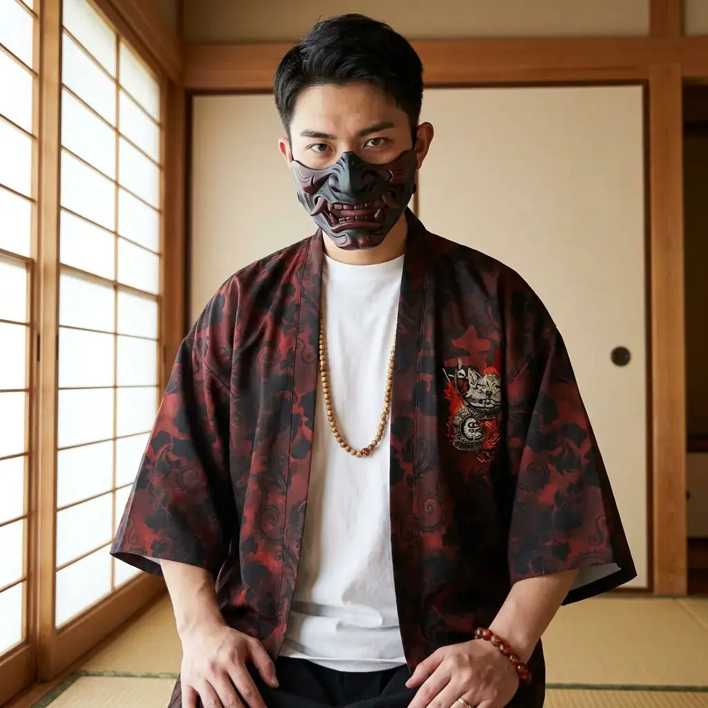 Veste Samourai porté par un homme dans une pièce japonaise traditionnelle, vue de face