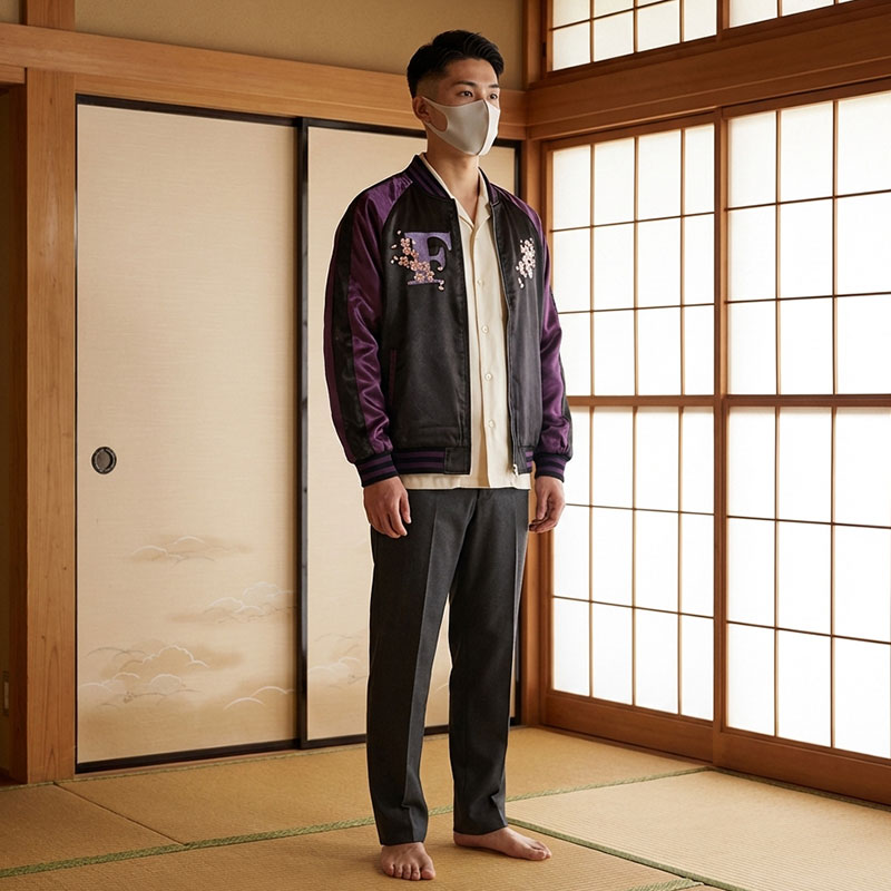 Veste souvenir japonaise portée avec un look streetwear
