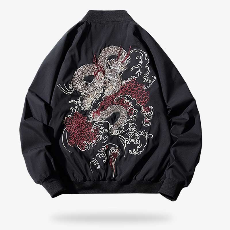 Blouson souvenir japonais léger de couleur noire de style sukajan