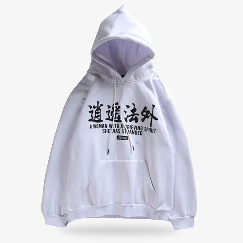 Le hoodie Oni blanc est orné de lettres japonaises noires imprimées sur coton