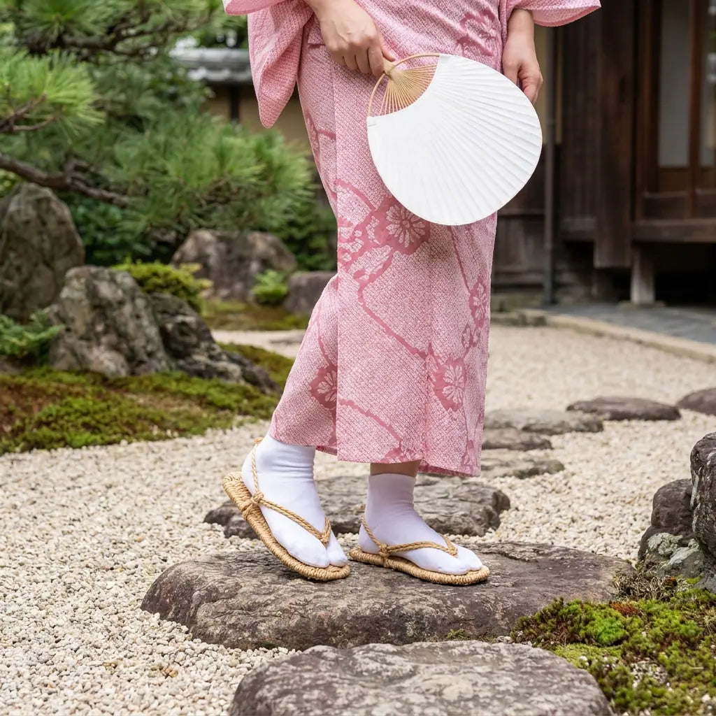 Sandales Waraji portées avec un kimono rose