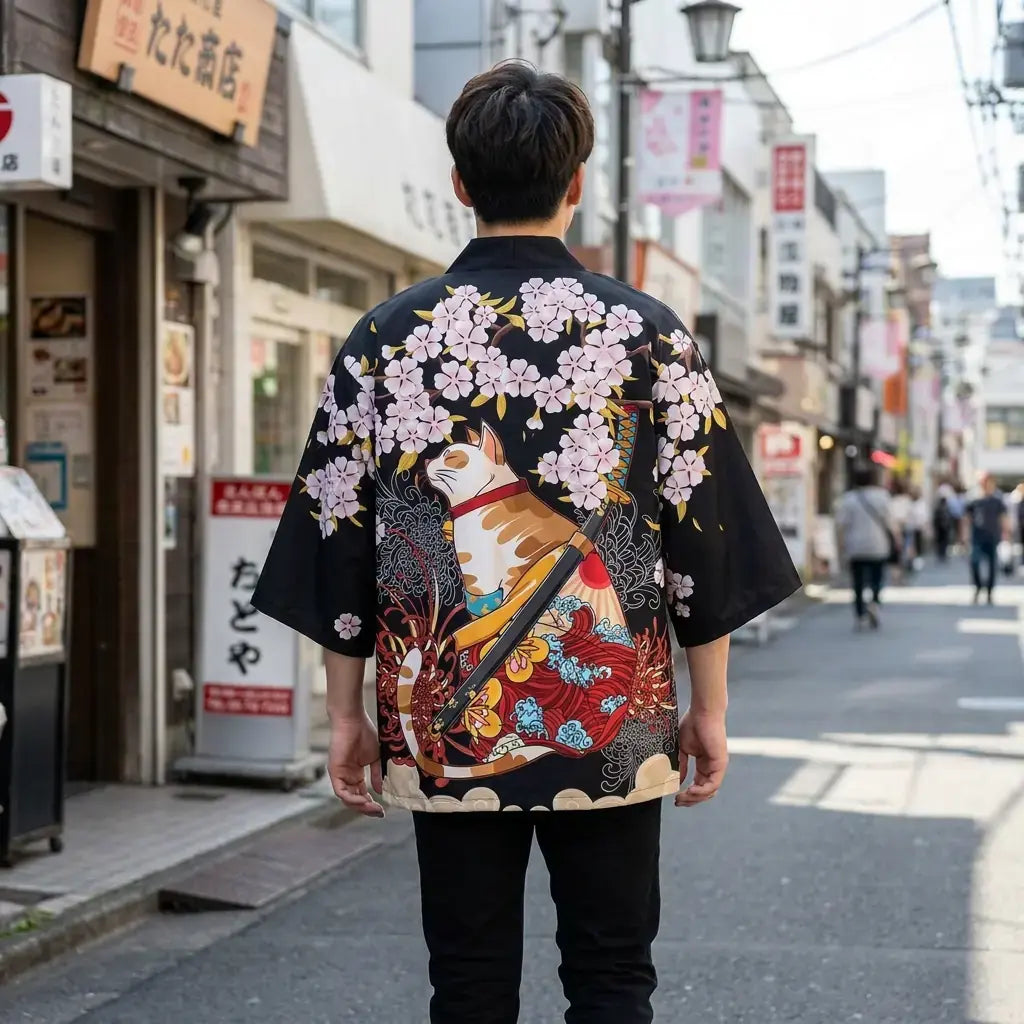 Kimono Wool Haori porté par un homme dans une pièce japonaise traditionnelle, vue de face