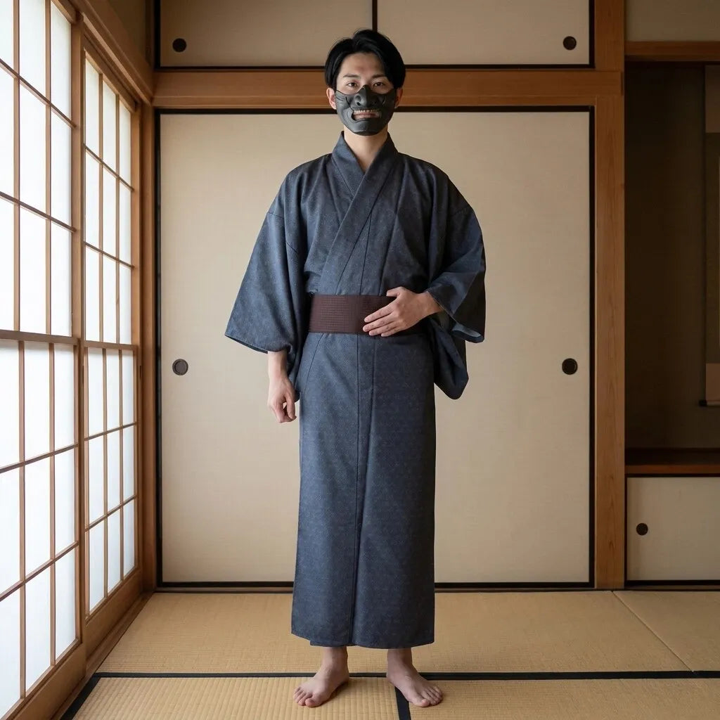 Yukata gris homme porté avec un pantalon décontracté