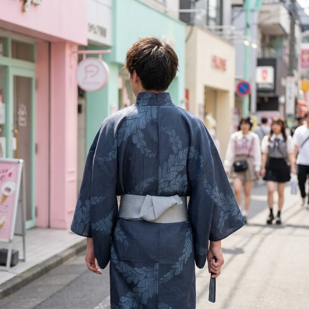 Yukata homme bleu marine, détail du dos et de la coupe