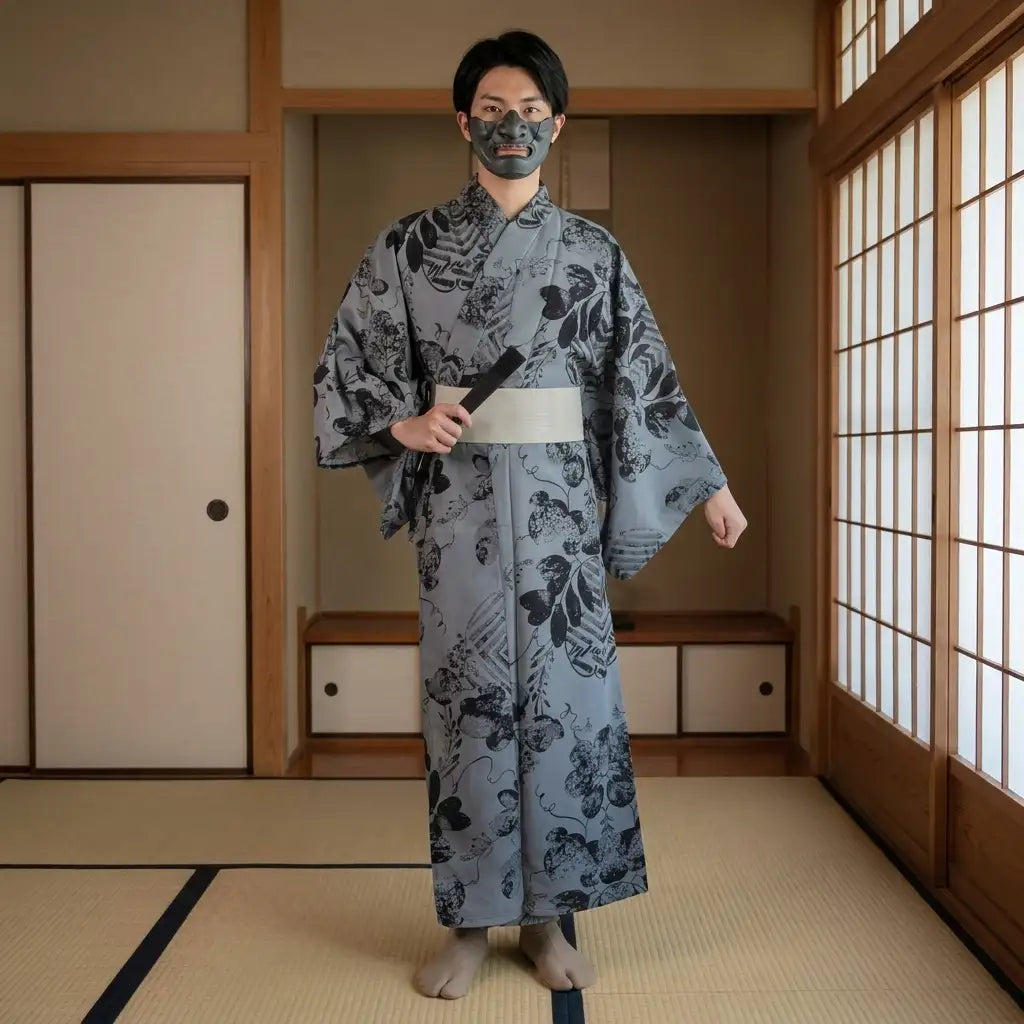 Yukata homme botanique gris-bleu style ryokan