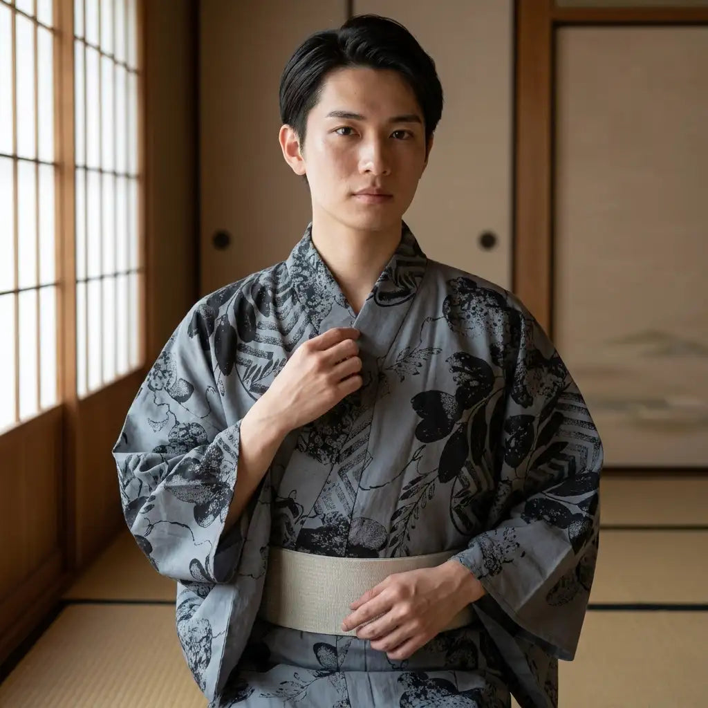 Yukata homme gris-bleu silhouette droite
