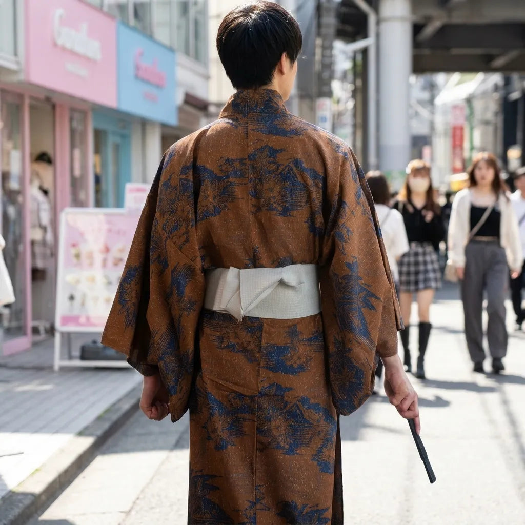 Yukata homme japonais porté avec ceinture obi