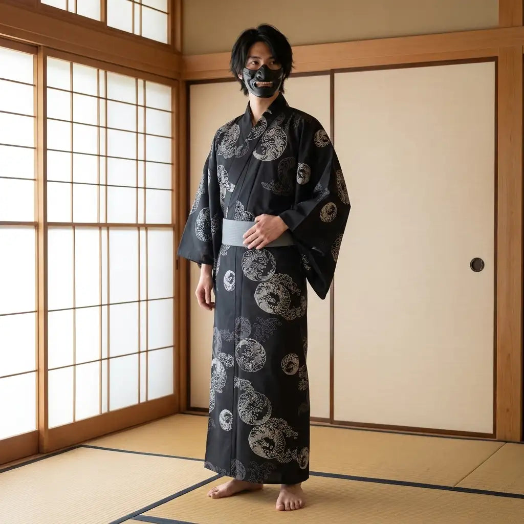 Yukata homme motif sombre porté avec ceinture obi