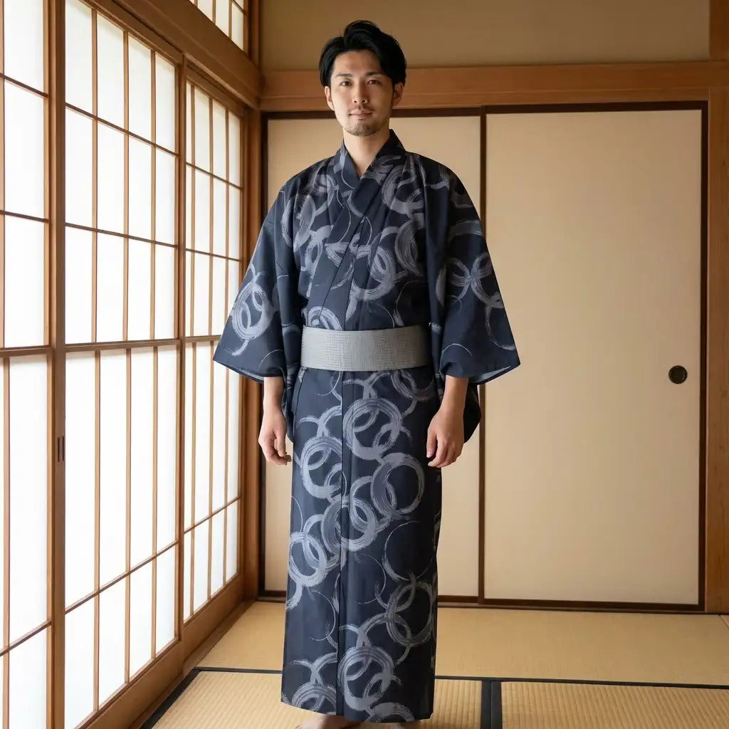 Yukata marine homme porté avec pantalon noir