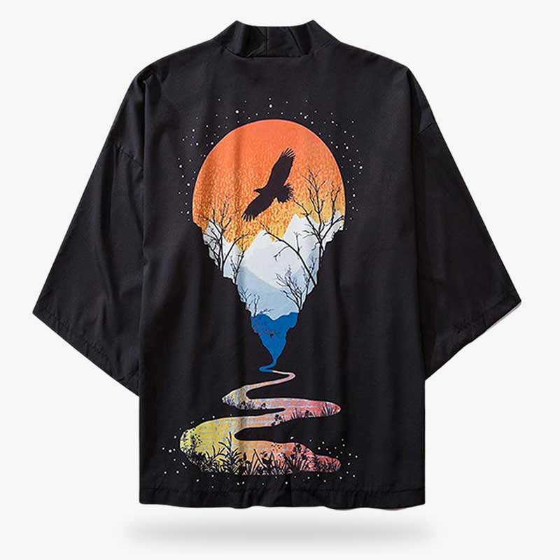 Veste haori noir: Kimono streetwear homme avec imprimĂ© japonais mystĂ©rieux sur tissu du vĂȘtement