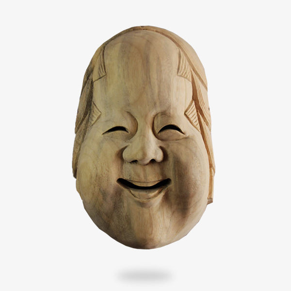 Le masque Theatre Japonais No est sculpté dans du bois. C'est un visage d'homme souriant