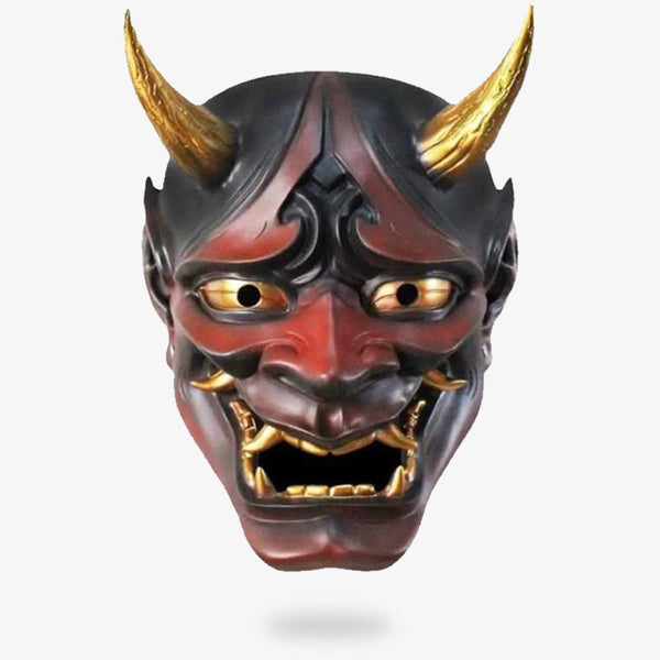 Ce masque Hannya est un visage de démon Oni. Ce masque japonais est de couleur rouge avec des cornes et des dents de couleur dorés