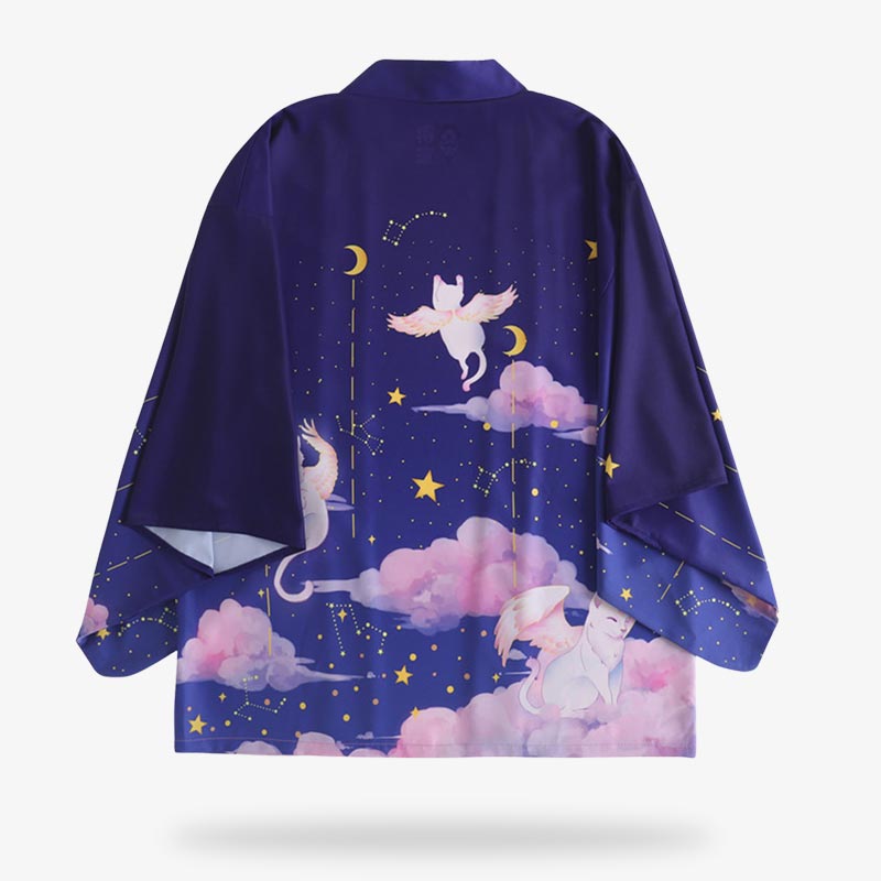 Ce haori japonais est une veste kimono Femme Bleu avec des motifs de chat imrpimé sur le tissu doux