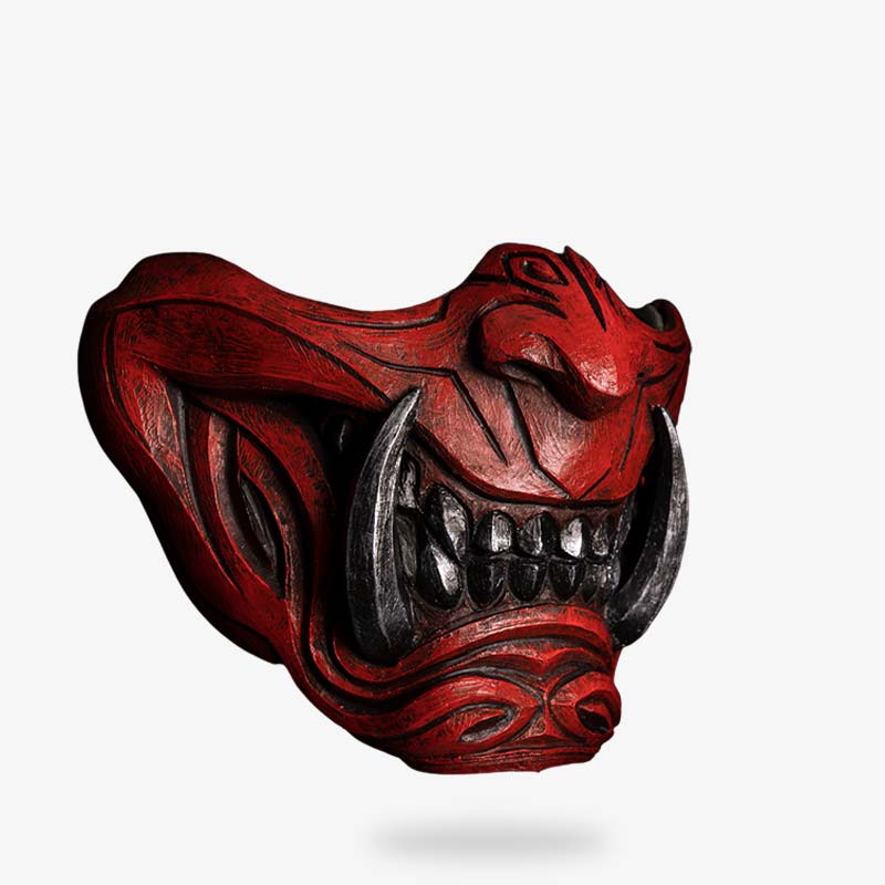 Un authentique masque japonais Oni fabriqué à la main. Masque démon rouge avec des crocs